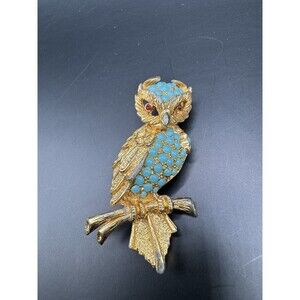 Owl Brooch Pin Vintage 2" Numbered Gold Tone Faux Turquoise